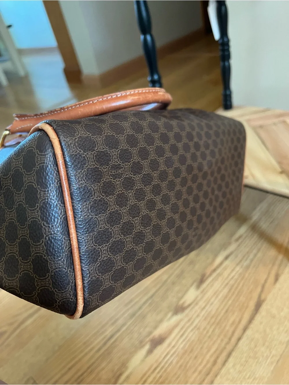 Celine Brown Monogram Bowling Bag with Tan Leather Trim